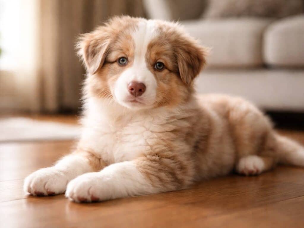 Female Australian Shepherd puppy in living room