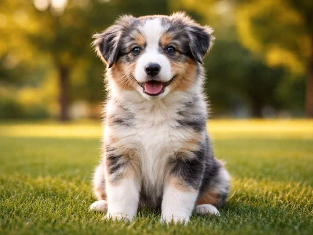 Australian Shepherd puppy sitting on grass