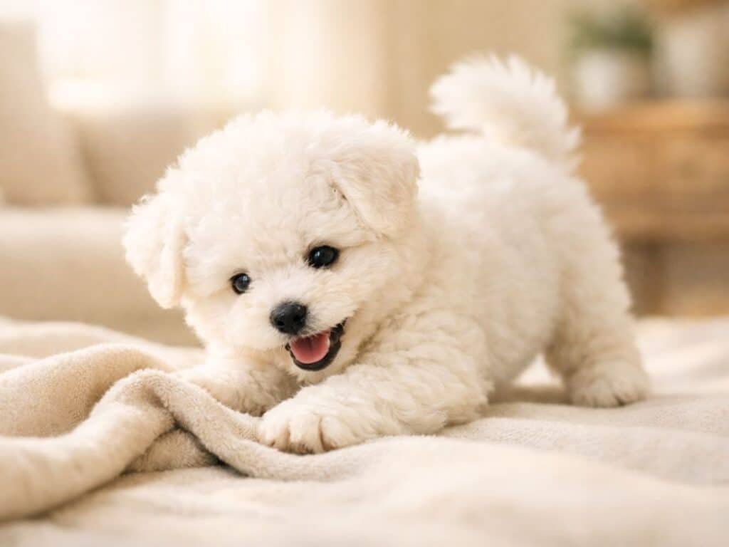 White Bichon Frise puppy doing a playful bow indoors on a cozy blanket