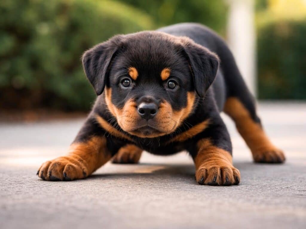 Alert female Rottweiler puppy standing firmly with a focused, attentive look