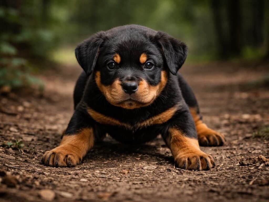 Alert male Rottweiler puppy in a grounded crouched stance outdoors