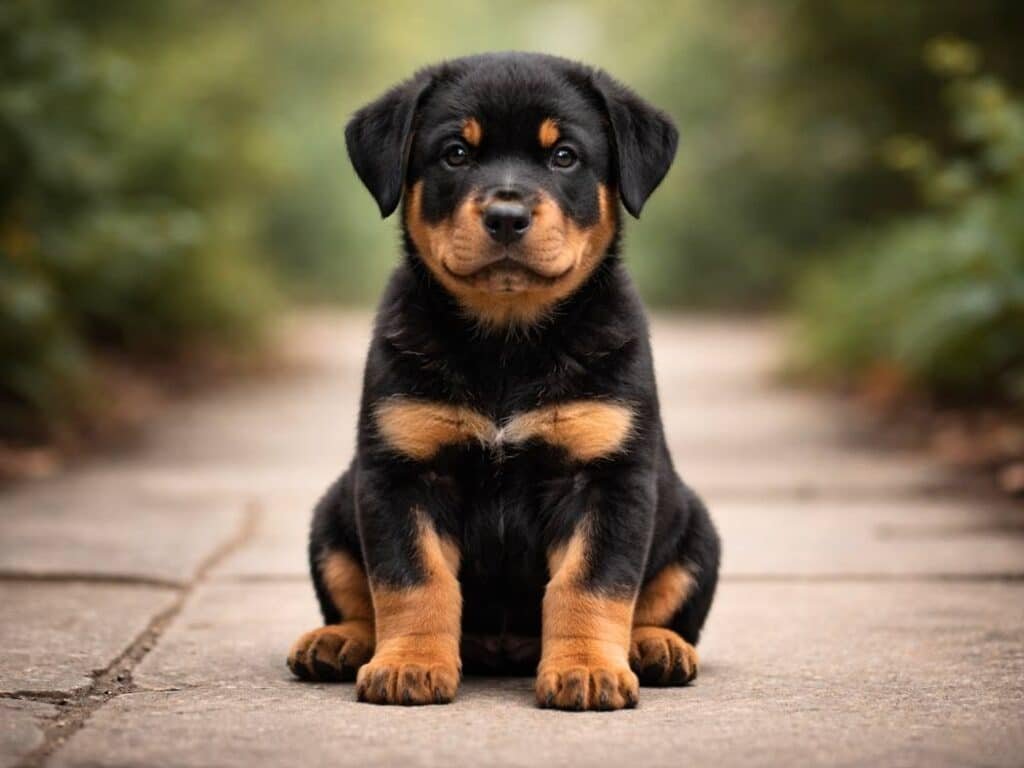 Young Rottweiler puppy sitting squarely on a stone pathway with a calm, noble expression