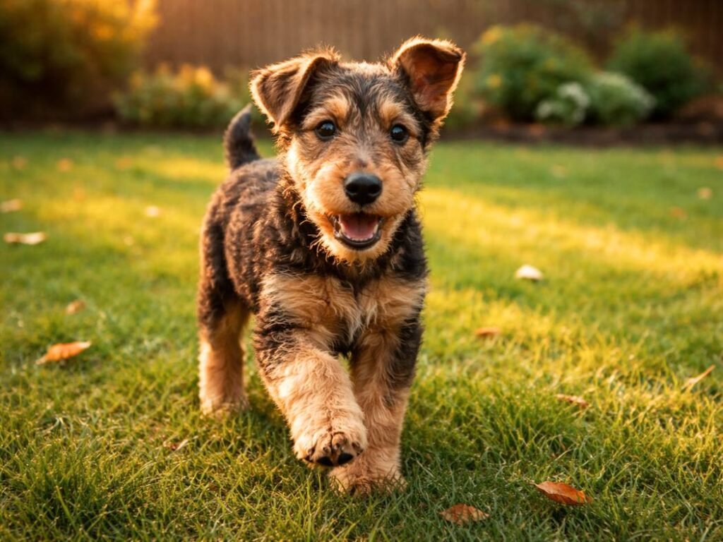 Airedale Terrier puppy trotting across a backyard lawn during golden hour.