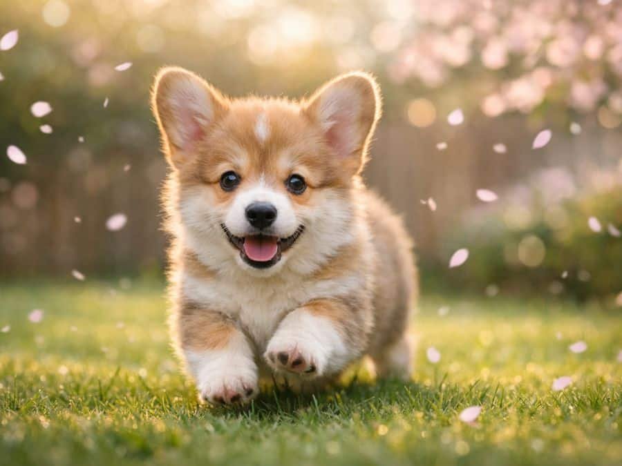Pembroke Welsh Corgi puppy running in a backyard with soft cherry blossom petals and an anime-inspired dreamy glow.