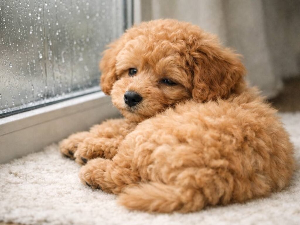 Apricot female poodle puppy lying near a rainy window indoors, looking back