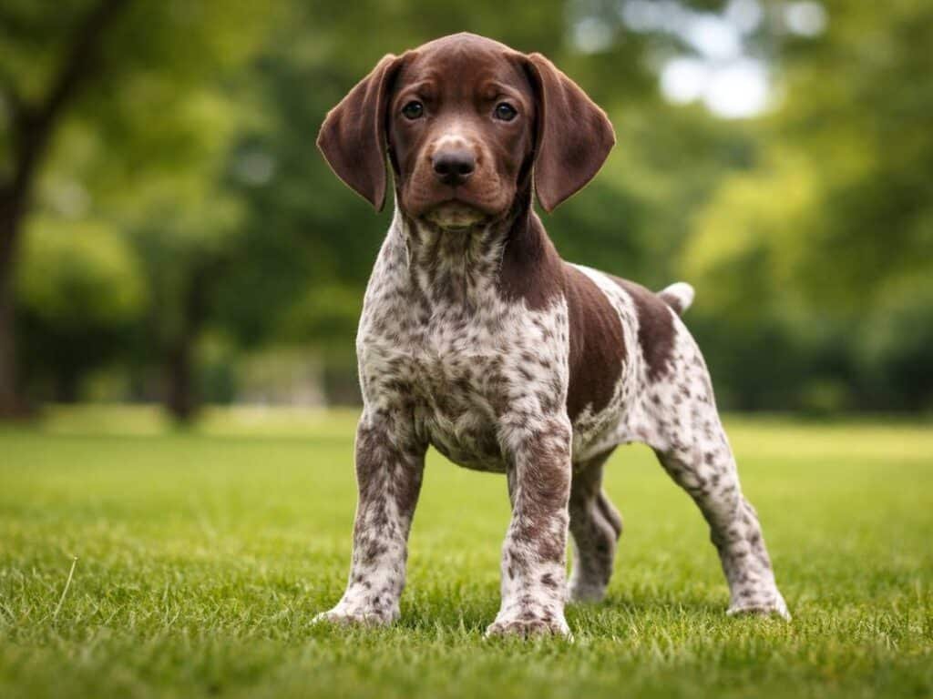 Male German Shorthaired Pointer puppy sitting upright indoors on a sunlit wooden floor, happy and alert