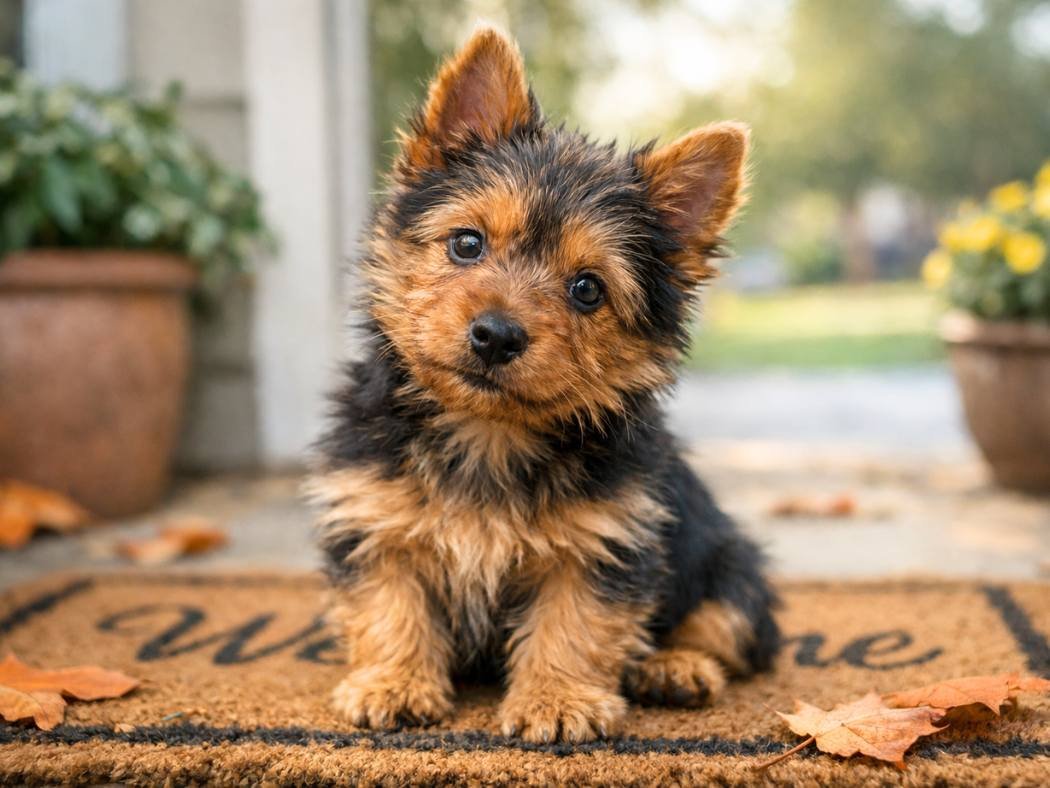 Australian Terrier puppy sitting on a front porch in soft morning light