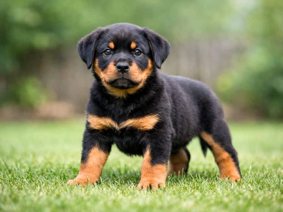 Rottweiler puppy standing confidently on grass with an alert and focused expression