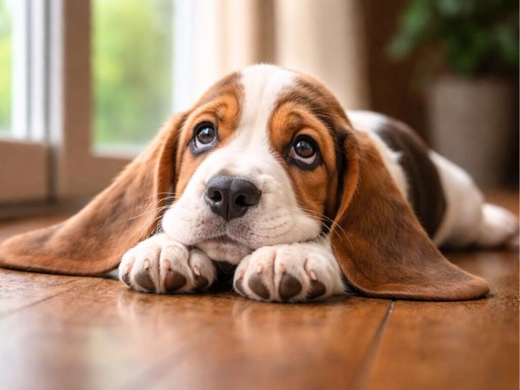 Basset Hound puppy lying on a wooden floor with droopy ears