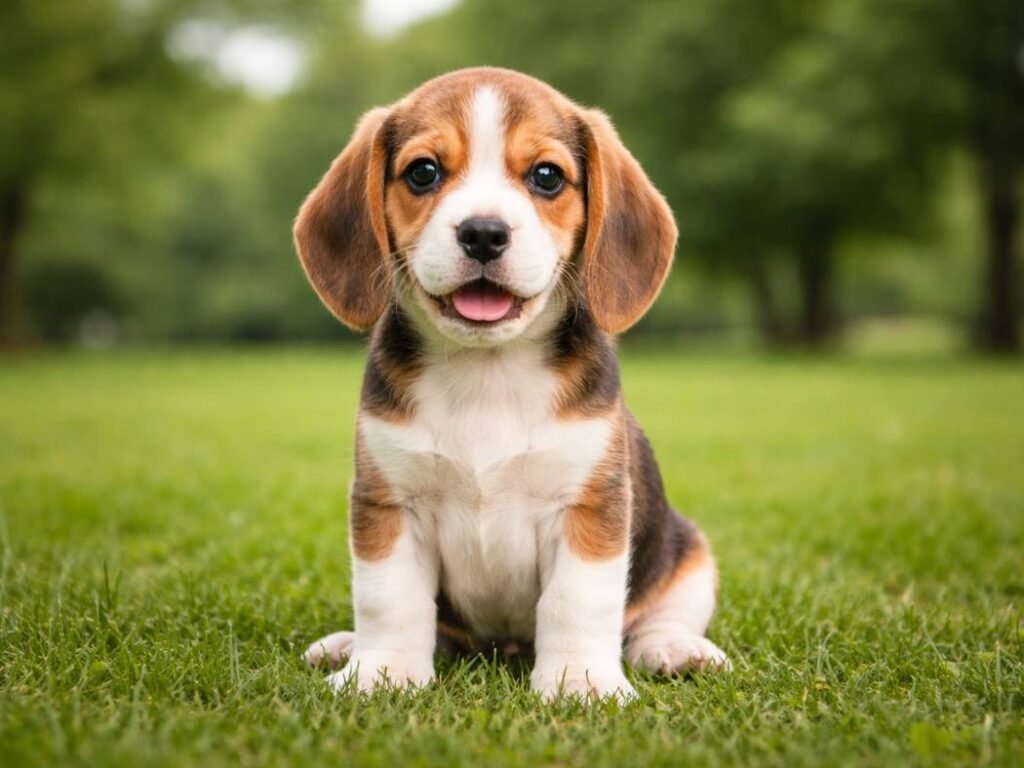 Happy Beagle puppy sitting upright on green grass, looking alert and friendly