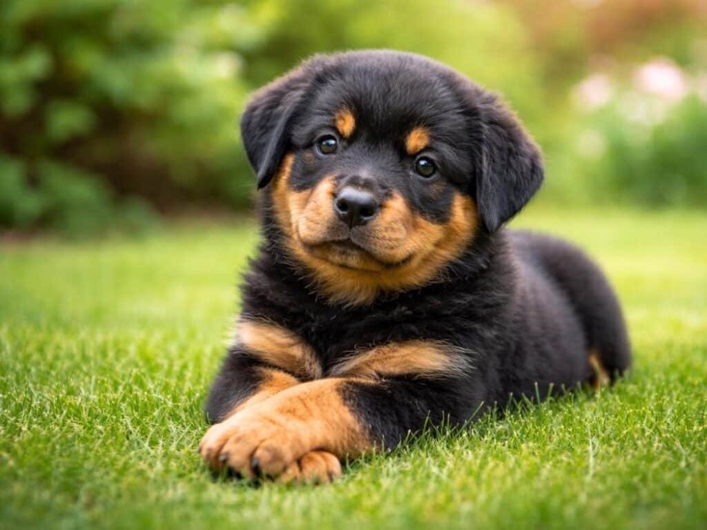 Beautiful female Rottweiler puppy resting on green grass with a calm expression