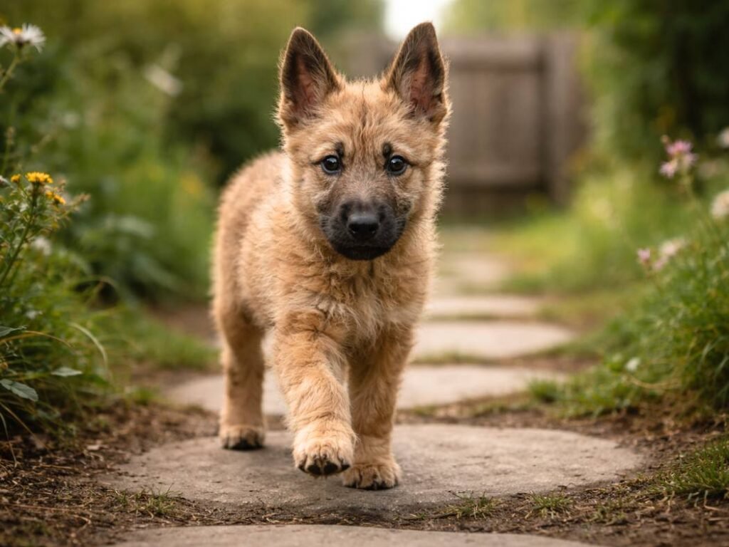 Belgian Laekenois puppy walking along a garden path with a focused, attentive look