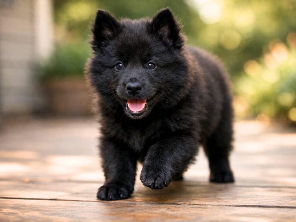 Belgian Sheepdog puppy standing on a backyard porch looking playful and eager