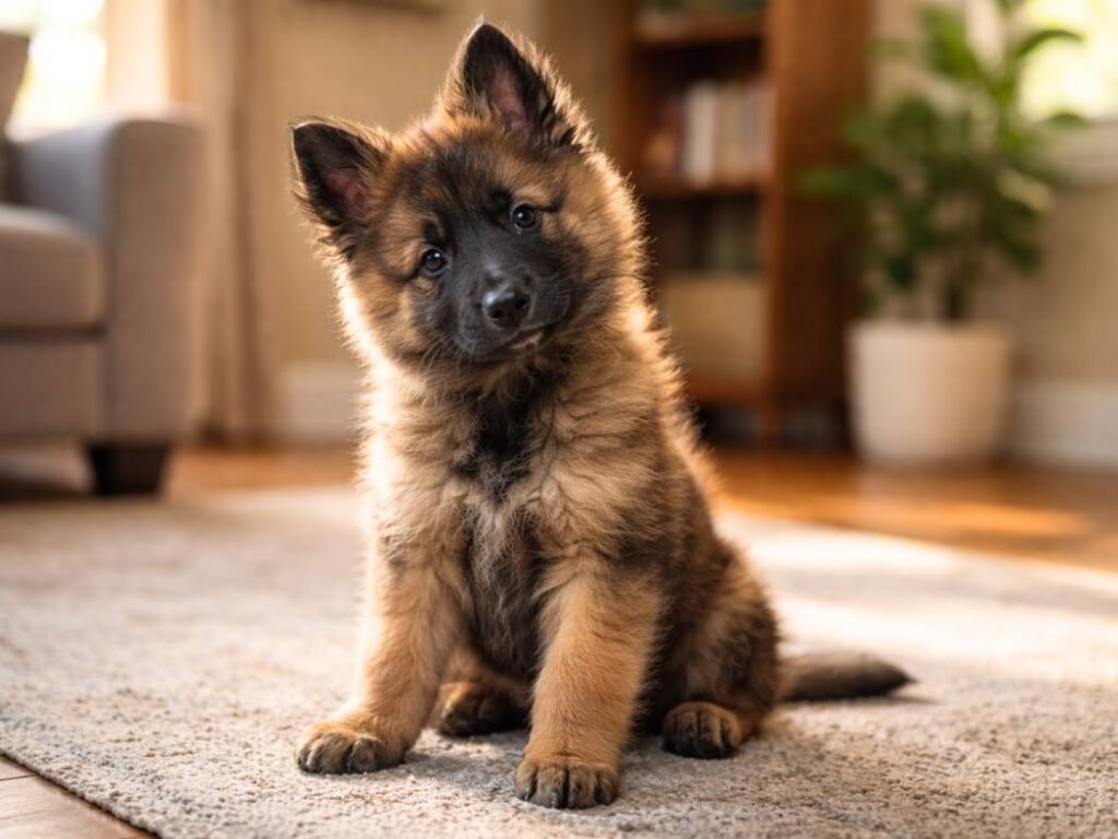 Belgian Tervuren puppy sitting in a sunny living room with an alert, curious expression