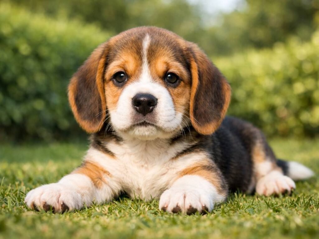 Cute Beagle puppy lying calmly in a garden with soft, friendly expression