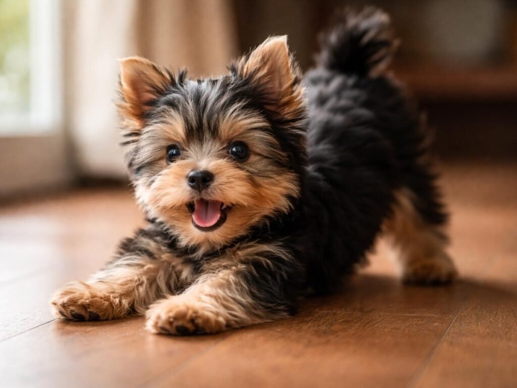 Yorkshire Terrier puppy stretching indoors on a wooden floor near a window