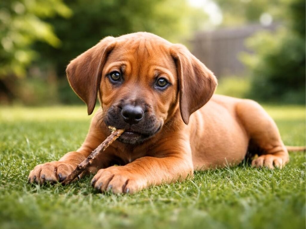 Rhodesian Ridgeback puppy lying on grass in a backyard chewing a small twig.