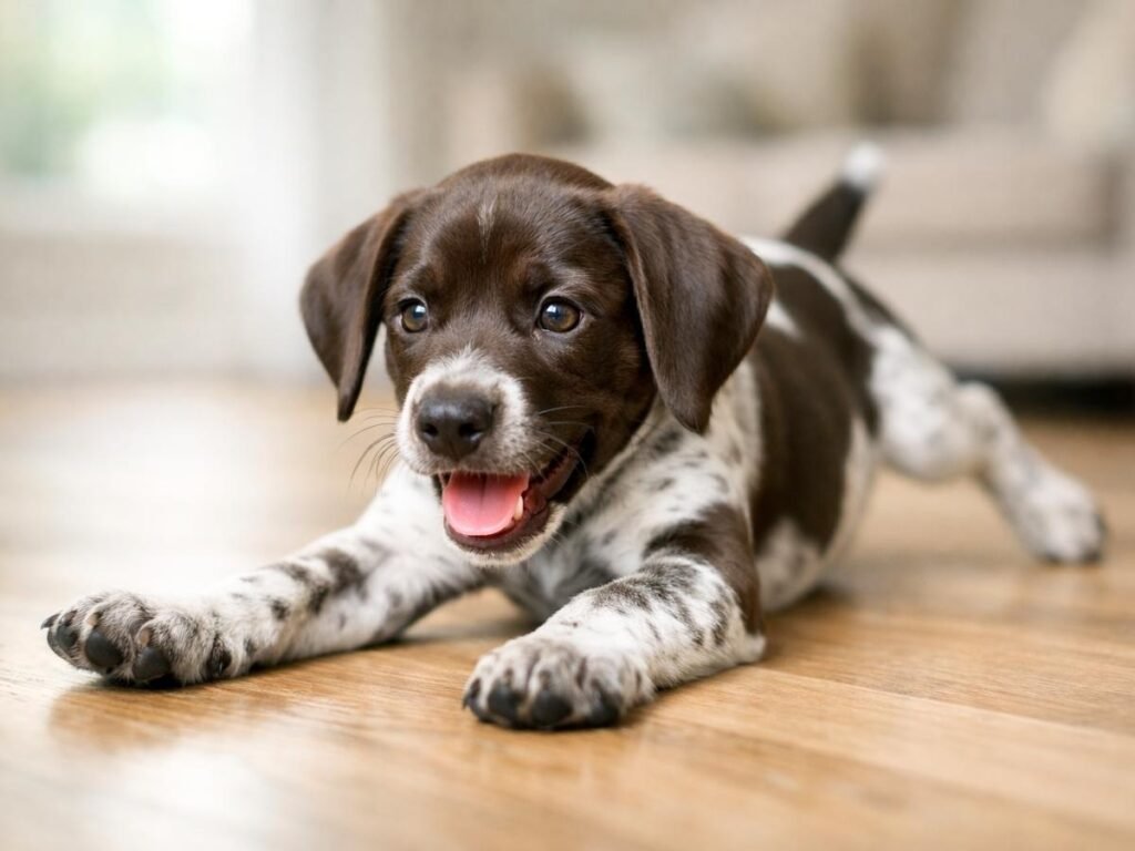 German Shorthaired Pointer puppy playfully sliding forward on a wooden floor indoors.