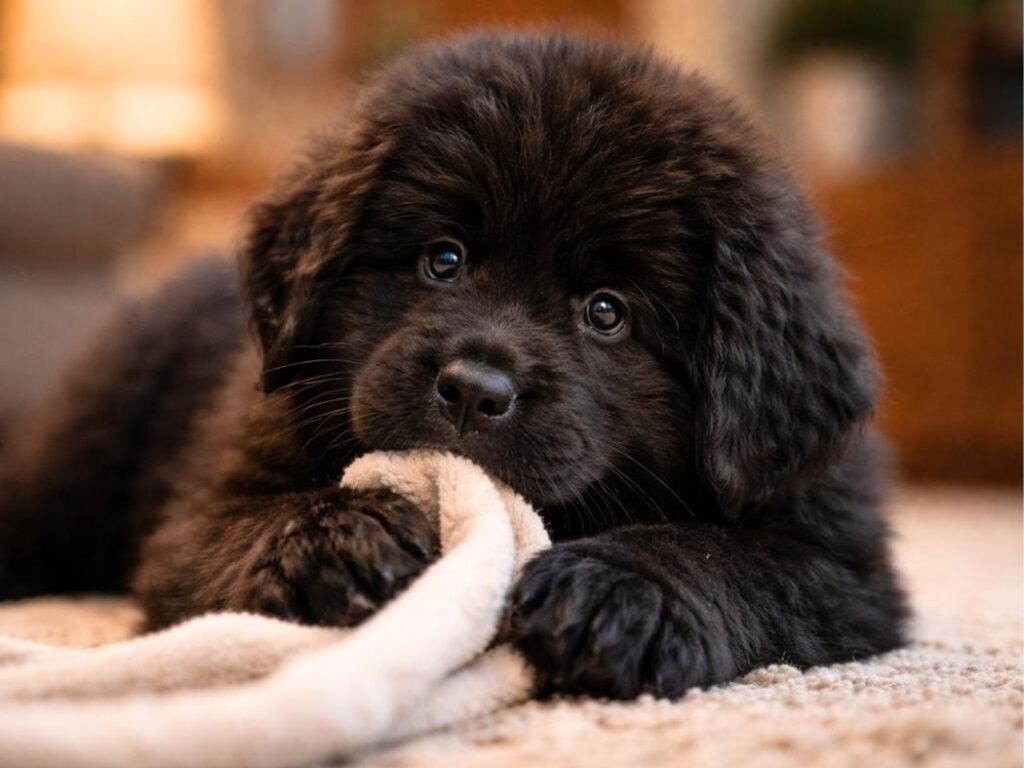 Newfoundland puppy lying on a rug indoors while chewing a blanket edge