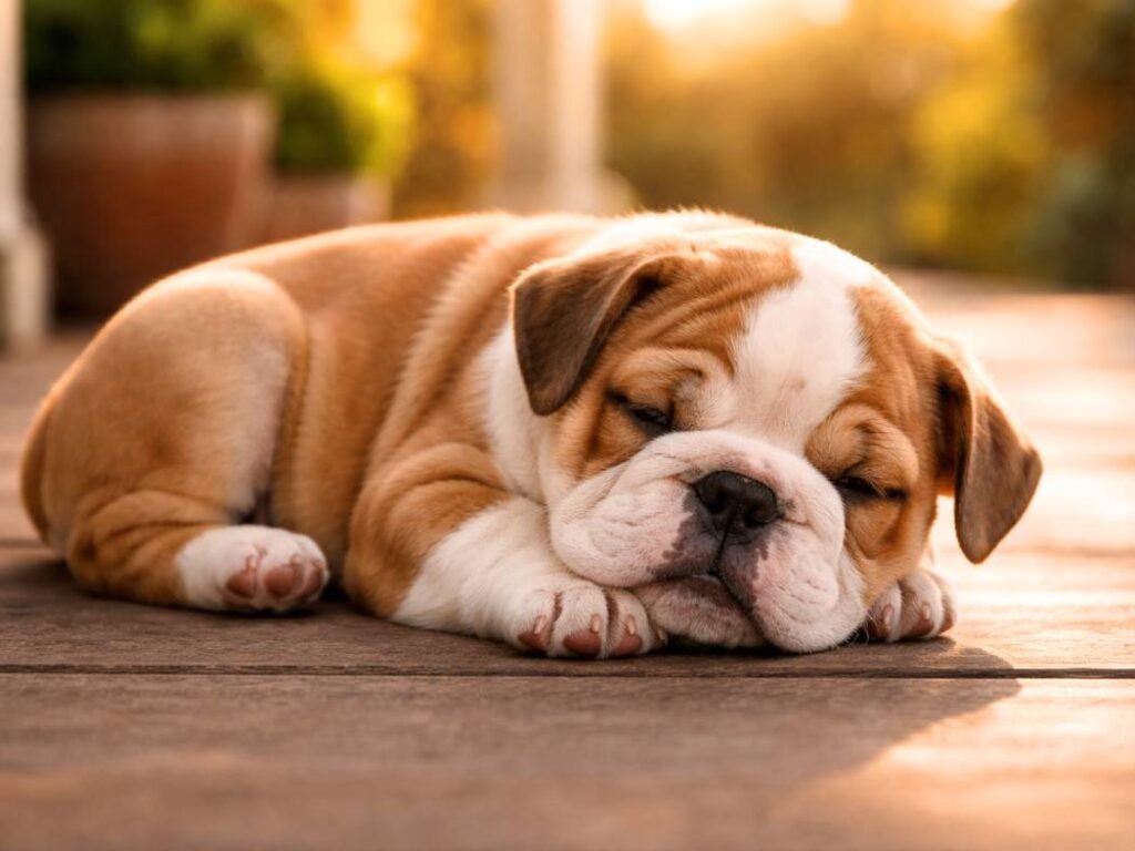 Sleepy English Bulldog puppy curled up on a porch in warm afternoon light