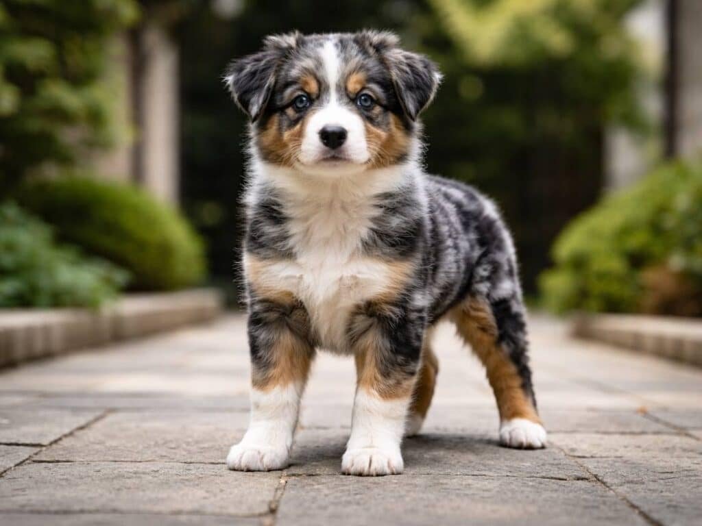 Confident male Australian Shepherd puppy standing calmly outdoors in a residential courtyard