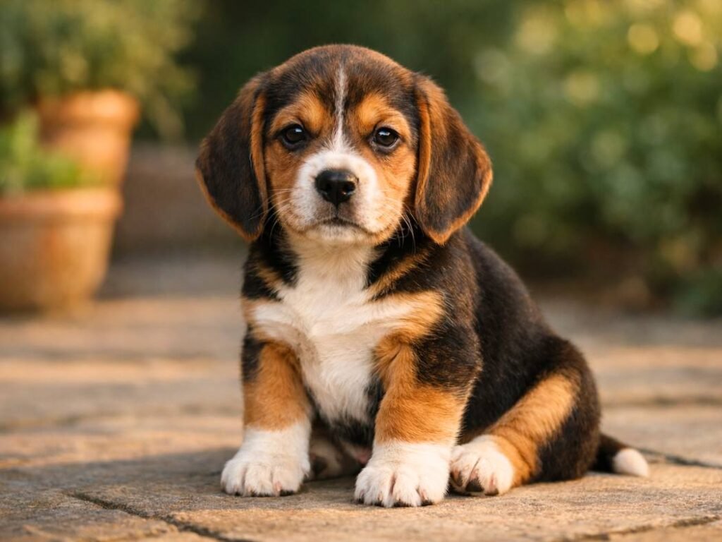 Male Beagle puppy sitting upright on a stone patio with an attentive, curious expression and natural tri-color coat