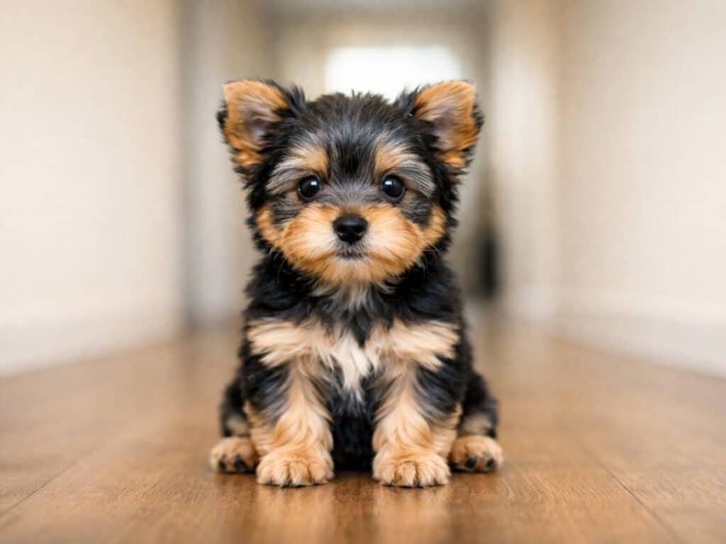 Male Yorkshire Terrier puppy sitting upright indoors, calm and attentive