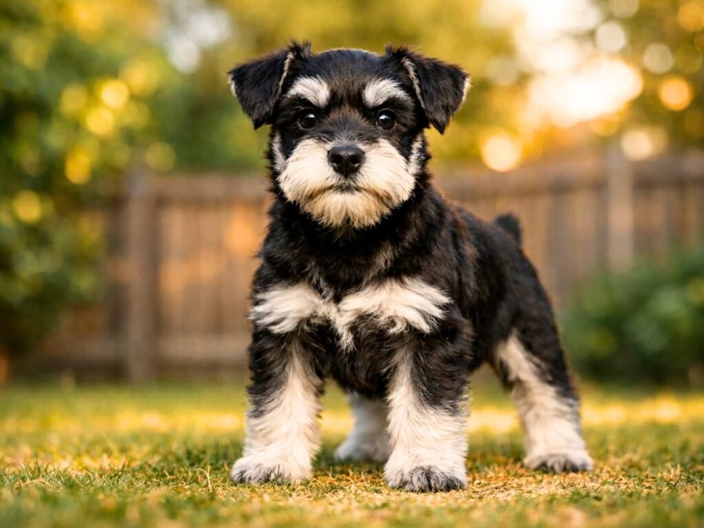 Miniature Schnauzer puppy standing confidently in a backyard during golden hour