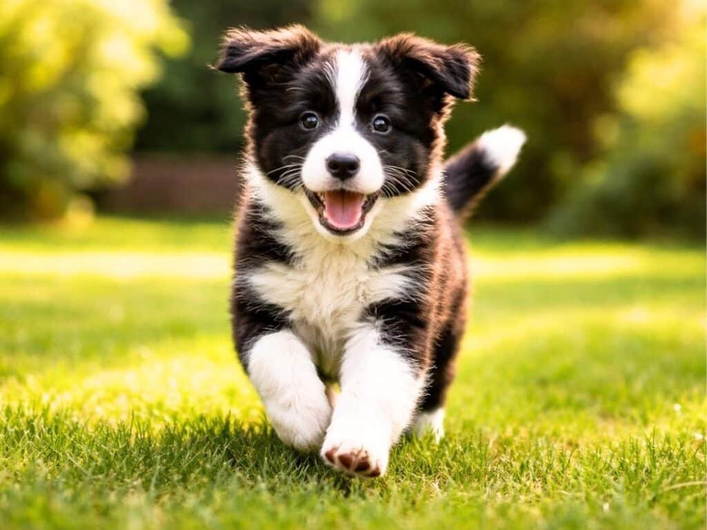 Black and white Border Collie puppy running in a sunny backyard