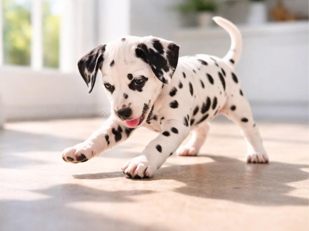 Black and white Dalmatian puppy playfully pouncing indoors