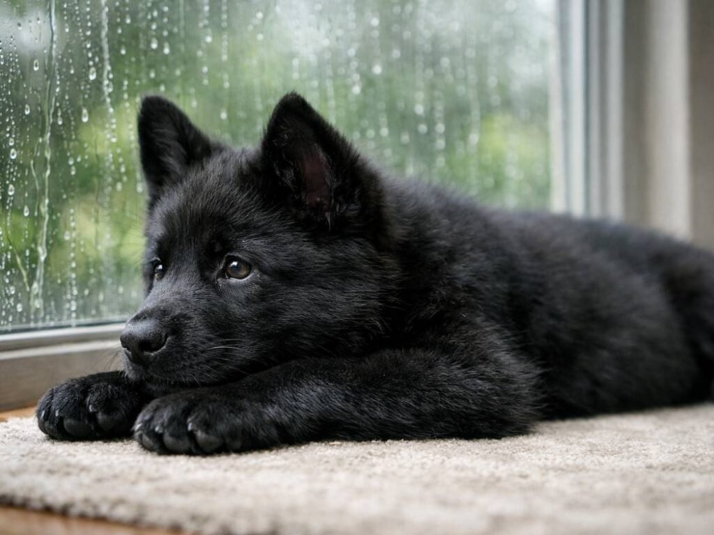 Black German Shepherd puppy lying beside a rainy window with a calm, sleepy expression