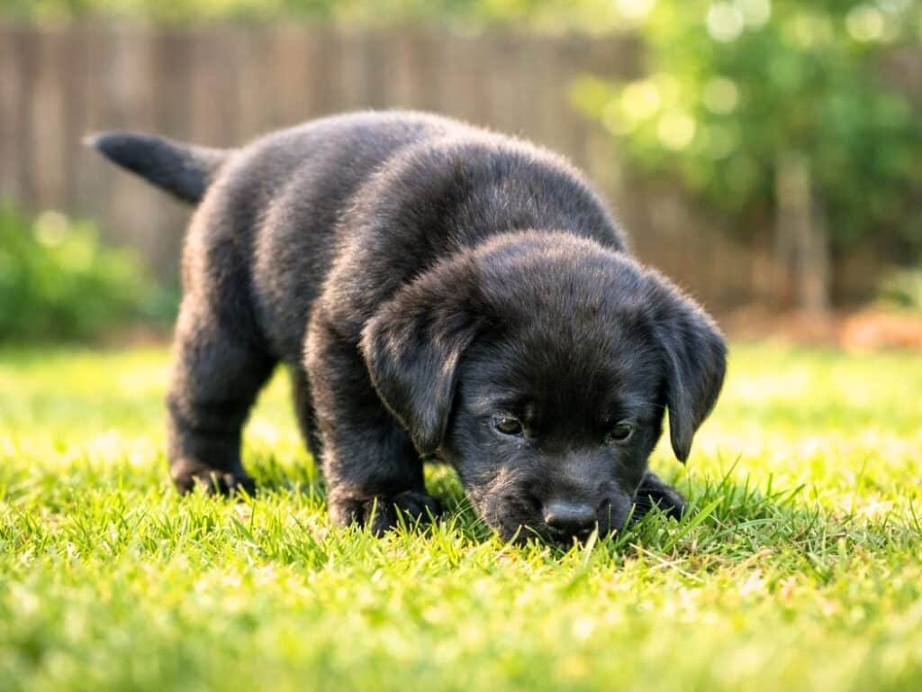 Black Female Labrador Retriever puppy sniffing grass in a sunny backyard