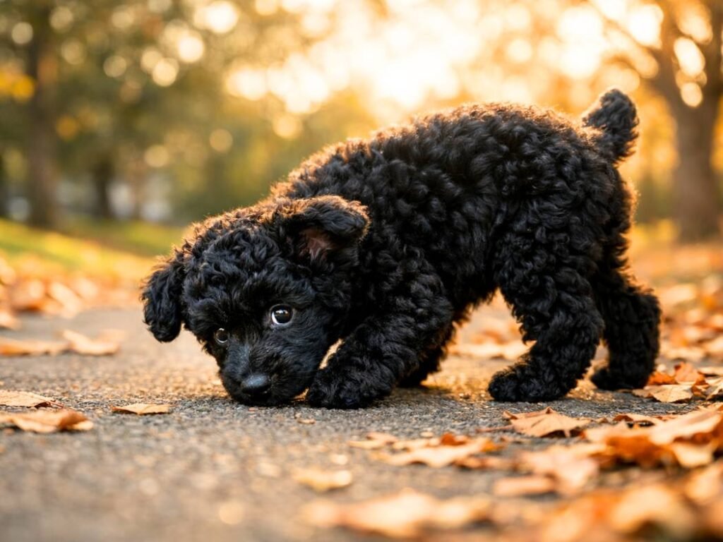 Fluffy dark apricot male poodle puppy sitting by a rainy window with a head tilt on a cozy rug.