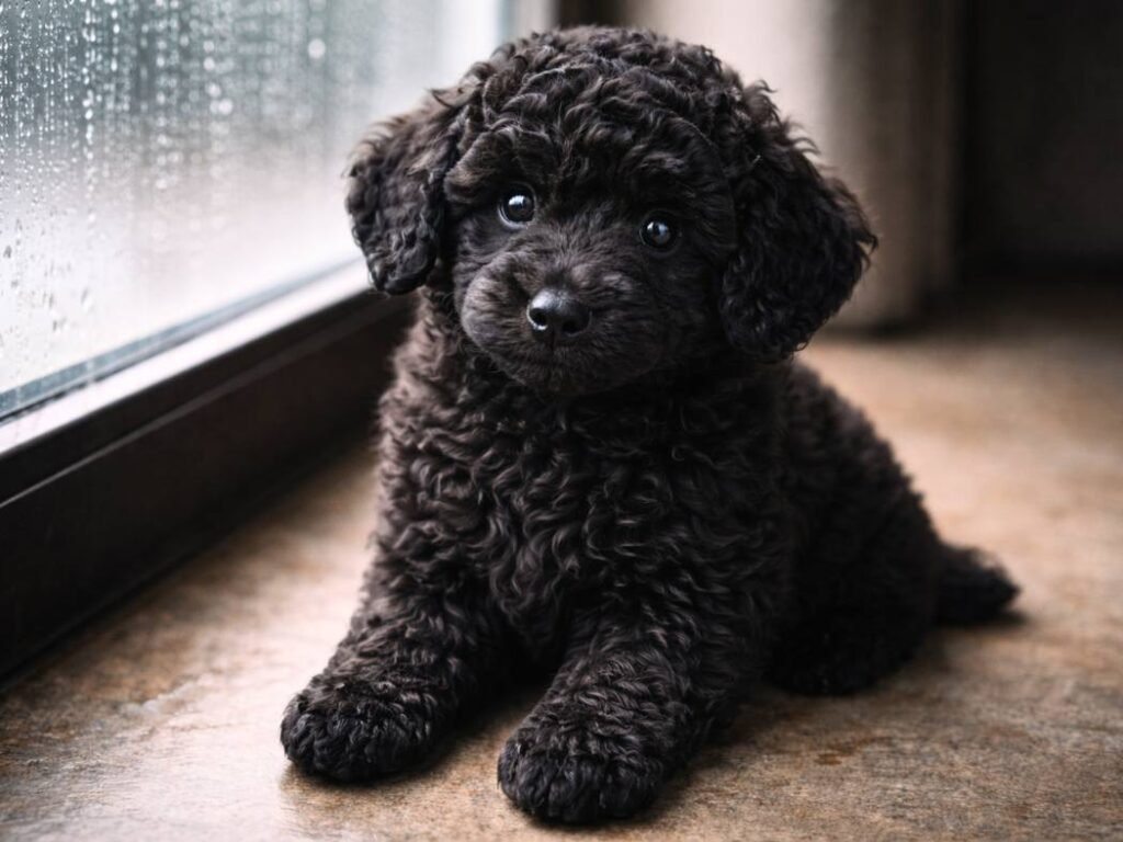 Black poodle puppy lying by a rainy window with a calm sleepy expression.