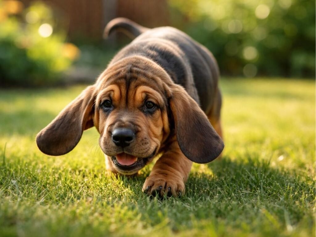 Bloodhound puppy sniffing the grass in a sunny backyard