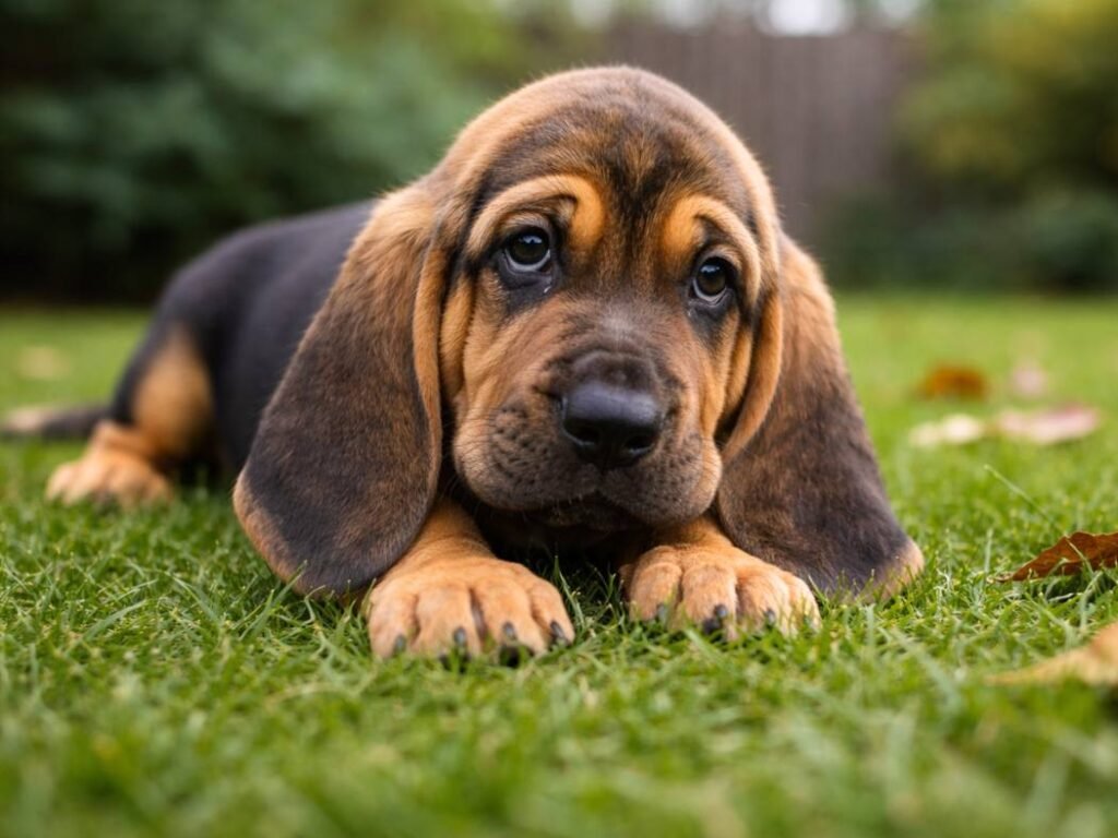 Bloodhound puppy lying in a backyard garden, sniffing the ground and looking slightly confused.