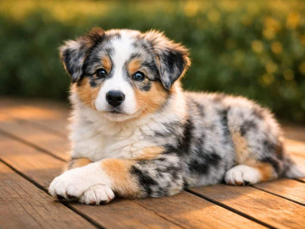 Blue merle male Australian Shepherd puppy lying calmly on a wooden deck in warm sunlight