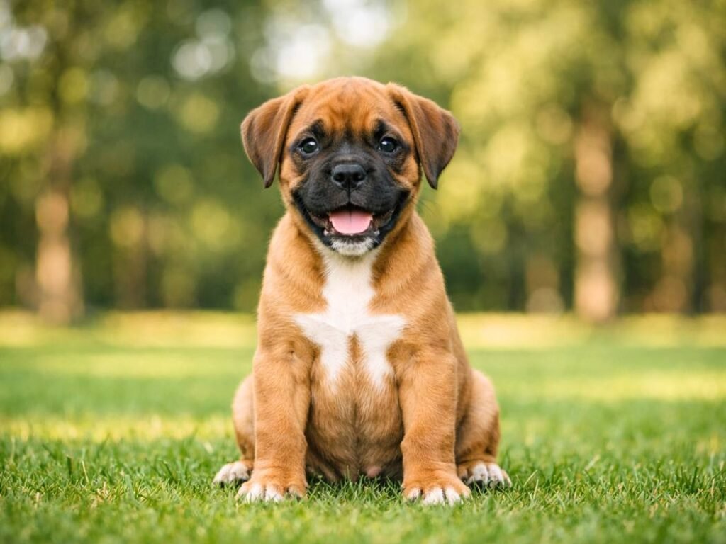 Happy Boxer puppy sitting on a grassy park lawn, alert and playful, representing Boxer dog names with meanings