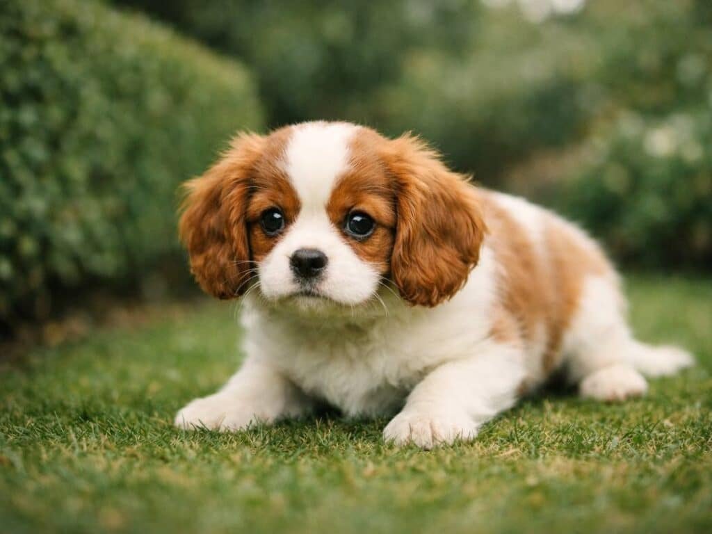 Curious Cavalier King Charles Spaniel puppy in a classic garden setting with natural greenery
