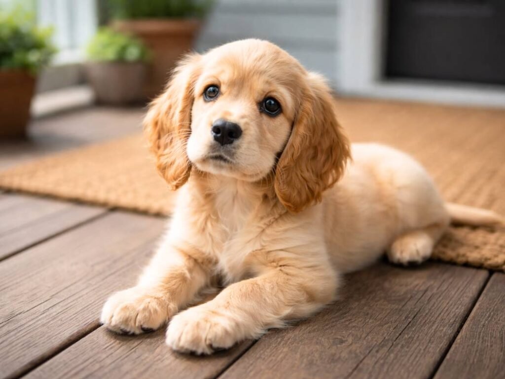Brittany puppy puppy lying on a porch with calm eyes and relaxed ears.