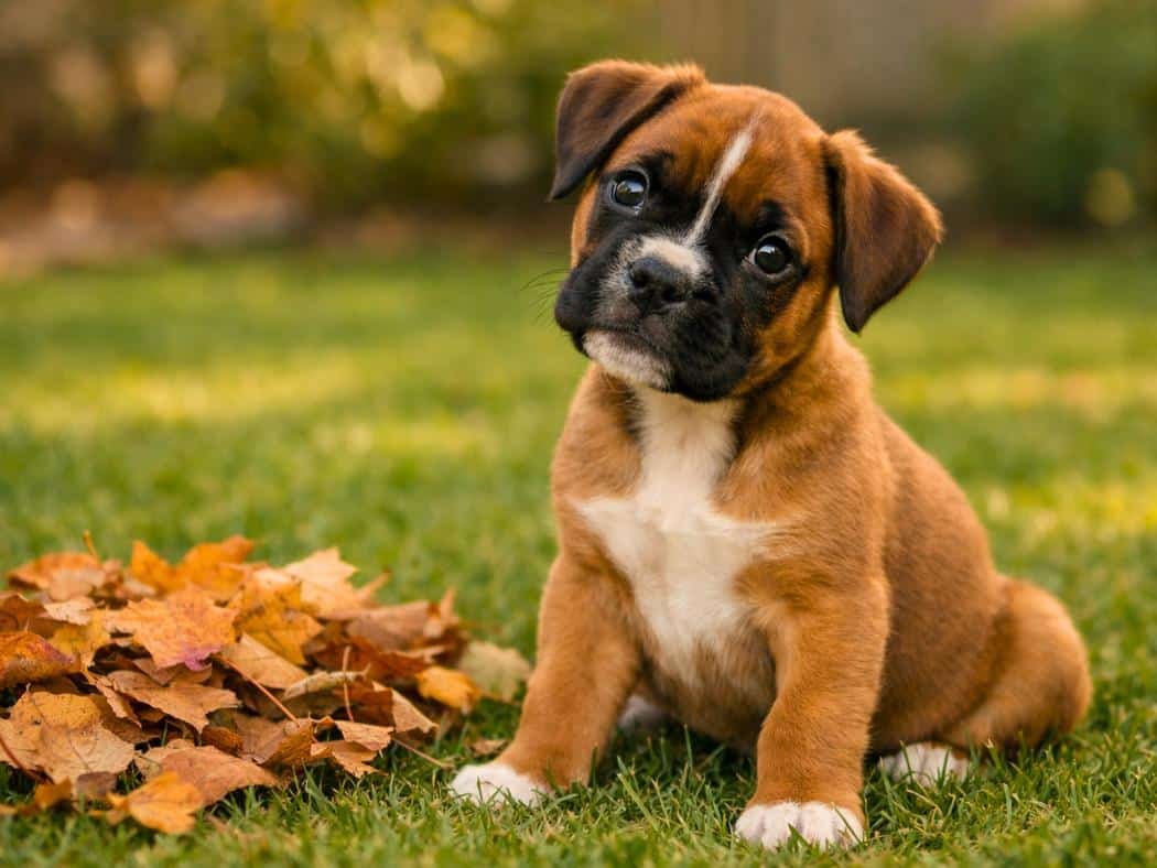 Brown Boxer puppy sitting in a sunny backyard with autumn leaves