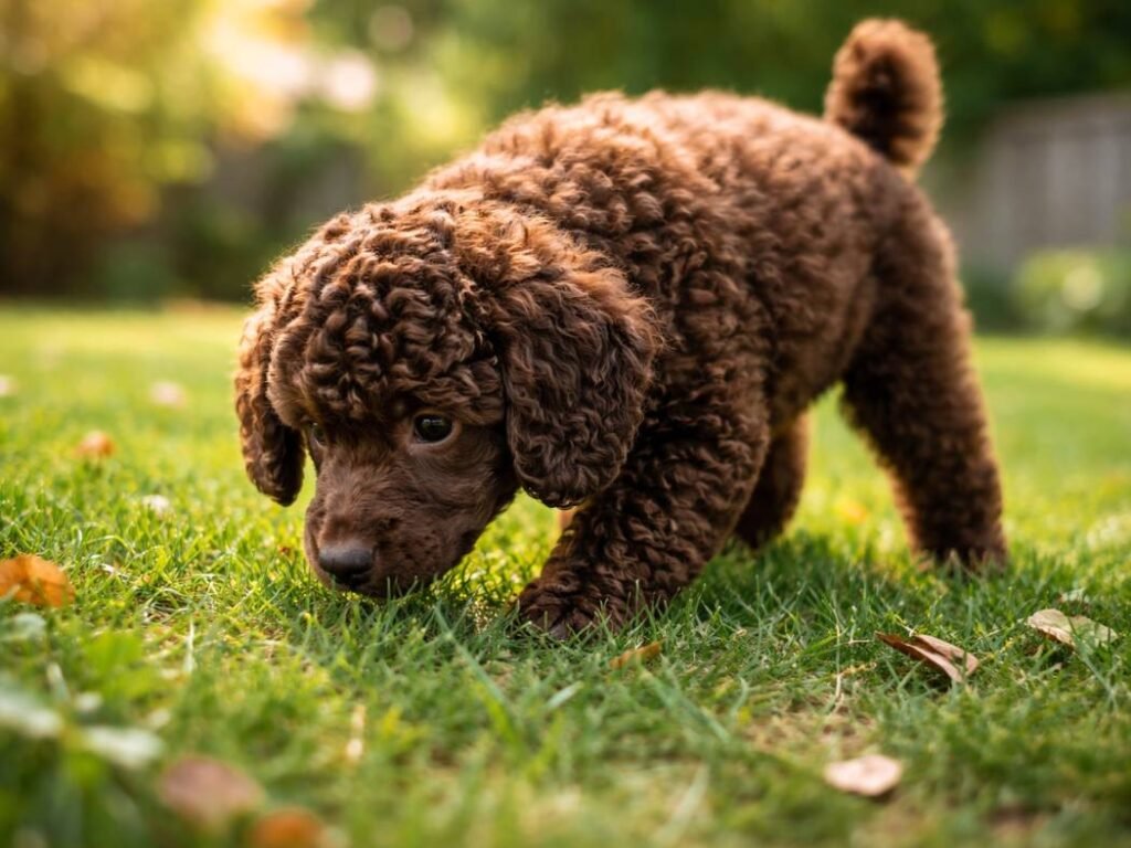 Chocolate brown female poodle puppy sniffing the grass in a backyard garden