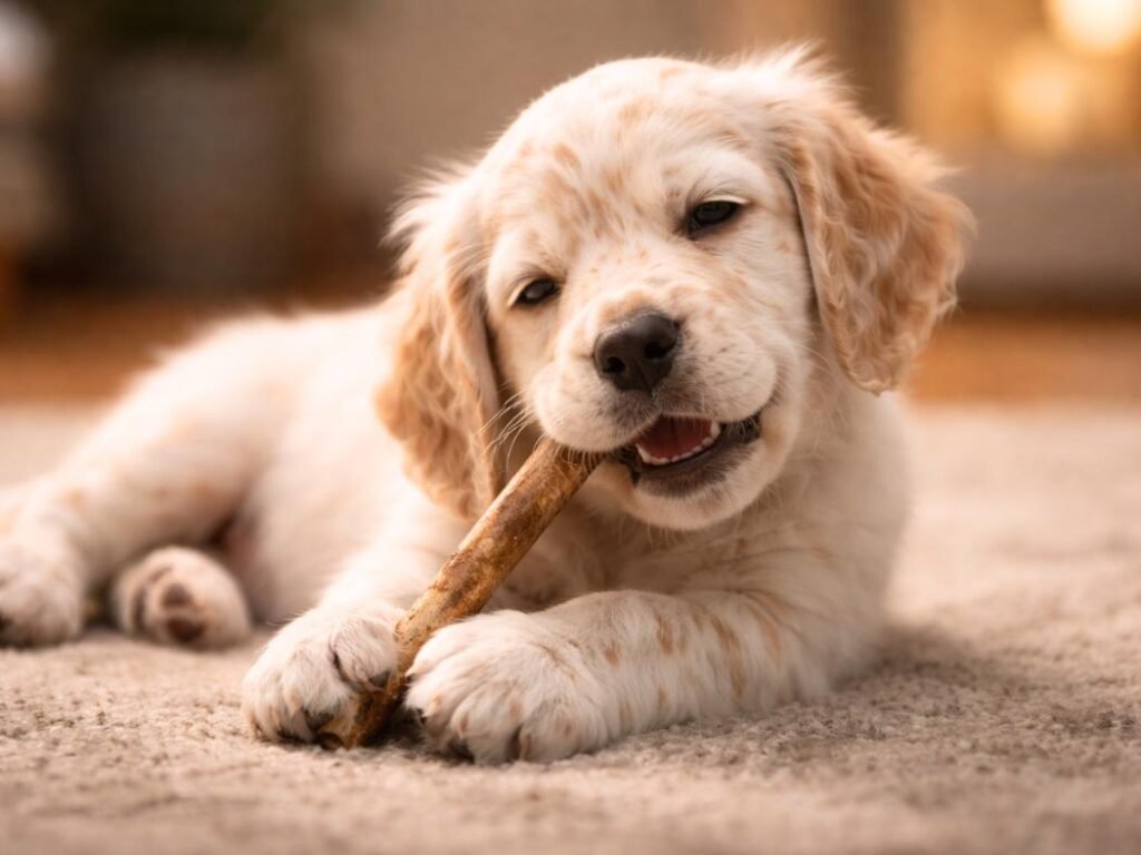 English Pointer puppy with brown spots crouching in grass while holding a small stick.