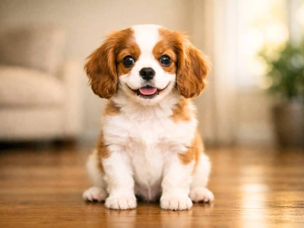 Happy Cavalier King Charles Spaniel puppy sitting indoors in natural light with all four paws grounded