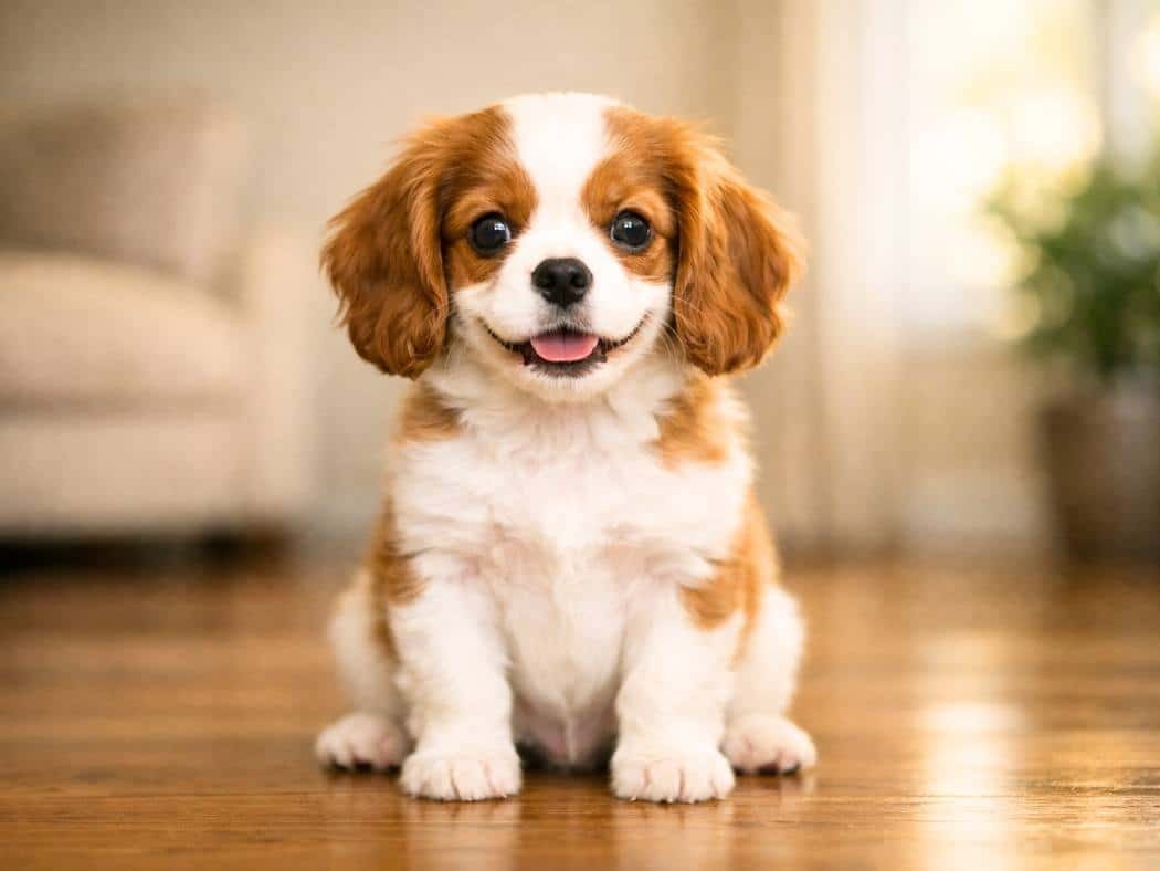 Happy Cavalier King Charles Spaniel puppy sitting indoors in natural light with all four paws grounded