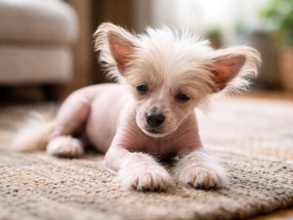 Chinese Crested puppy lying sleepily on a living room rug in soft window light.
