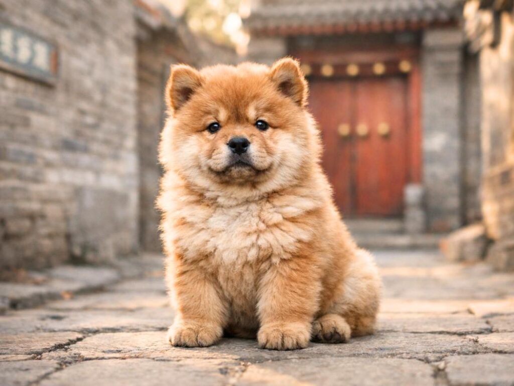 Chow Chow puppy sitting in a traditional Beijing hutong alley with red door and Chinese street sign.