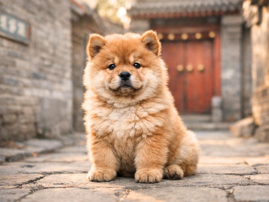 Chow Chow puppy sitting in a traditional Beijing hutong alley with red door and Chinese street sign.