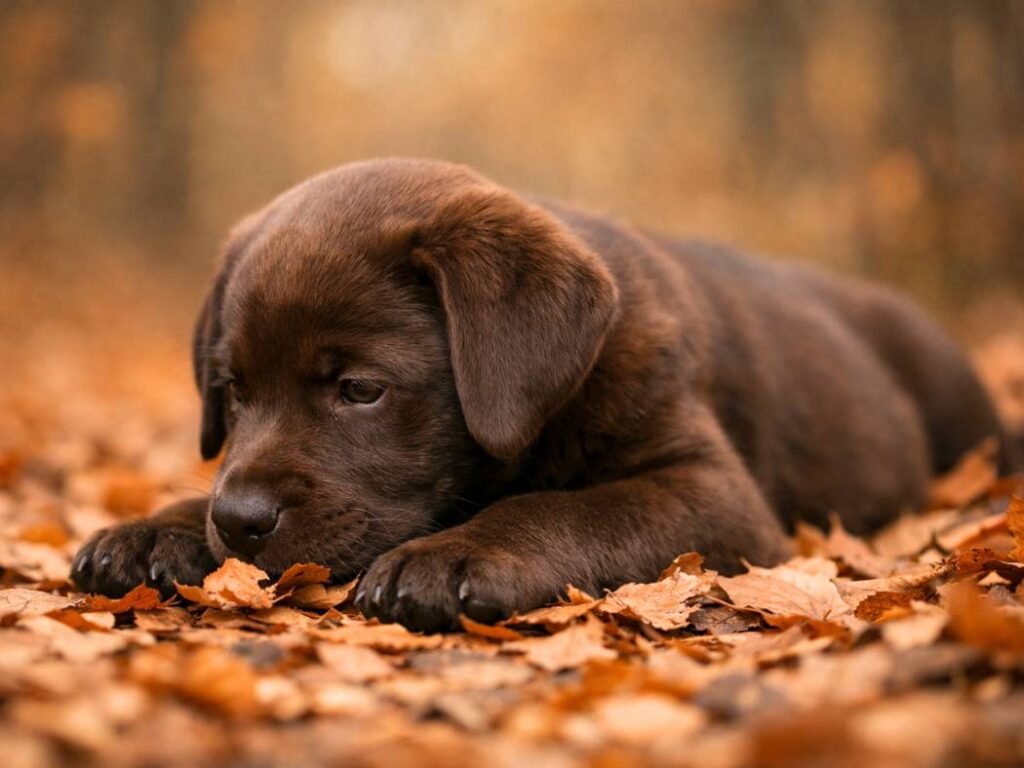Chocolate Labrador puppy lying on autumn leaves near a forest trail, calmly sniffing the ground.
