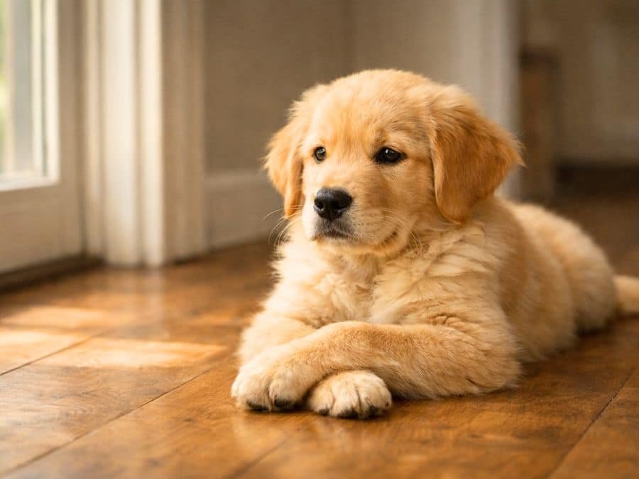 Male Golden Retriever puppy resting indoors on a wooden floor in soft natural light